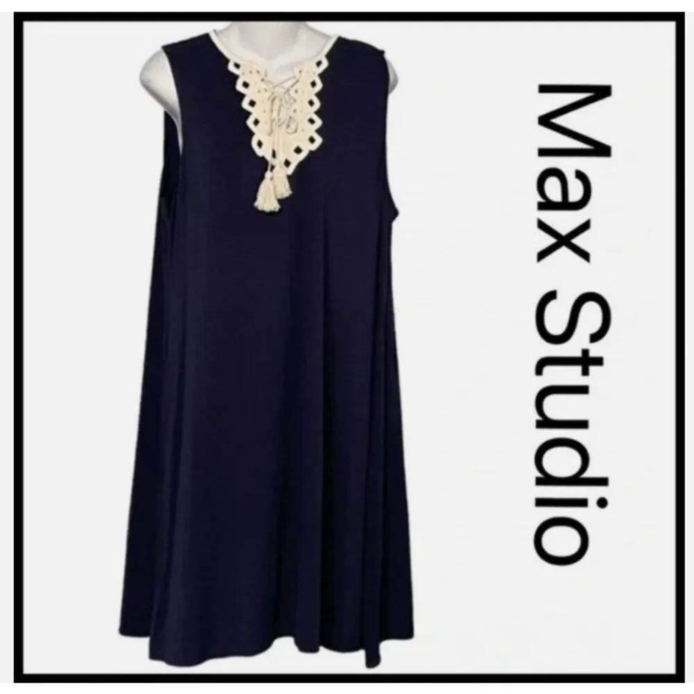 Max Studio Lace-Up Crochet Neck Tassels Sleeveless Dress - Picture 14 of 16